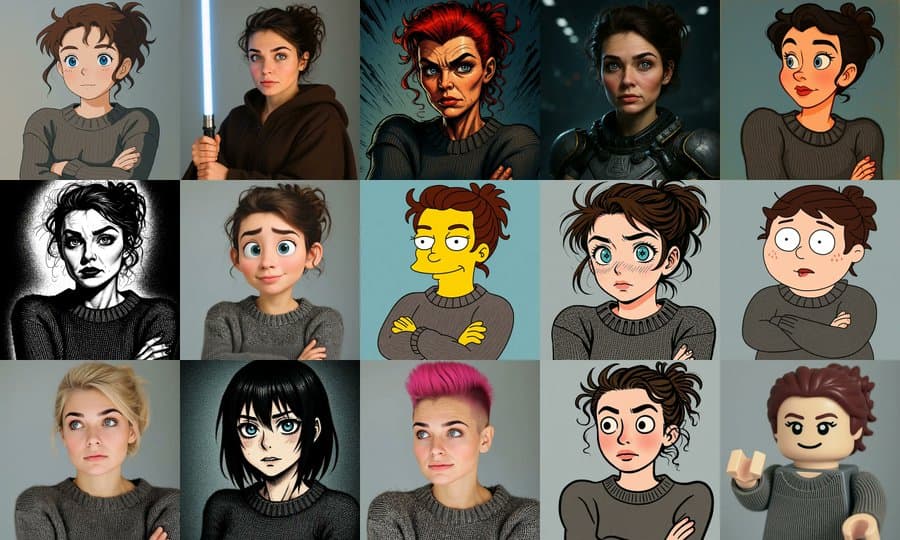 Flux Kontext Character Consistency - Same character rendered in multiple artistic styles including anime, photorealistic, cartoon, noir, and Simpsons style