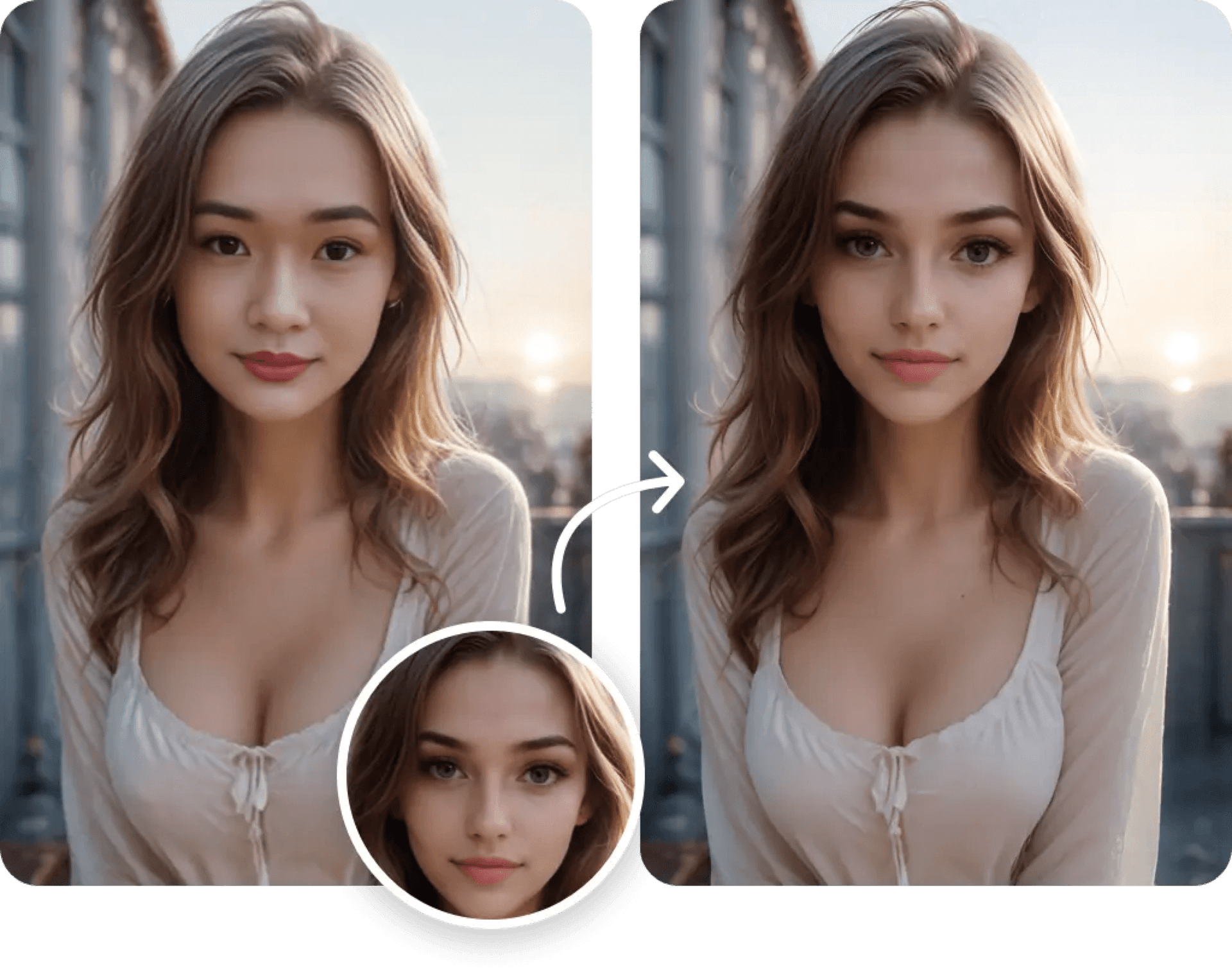 Demostración antes y después del intercambio de rostros AI mostrando reemplazo facial realista